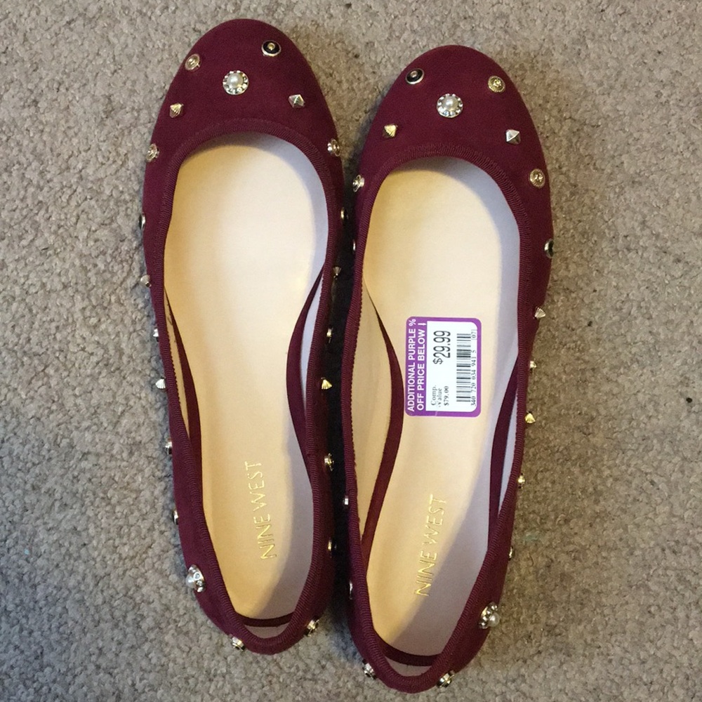 Red ballet flats with gold bead accents